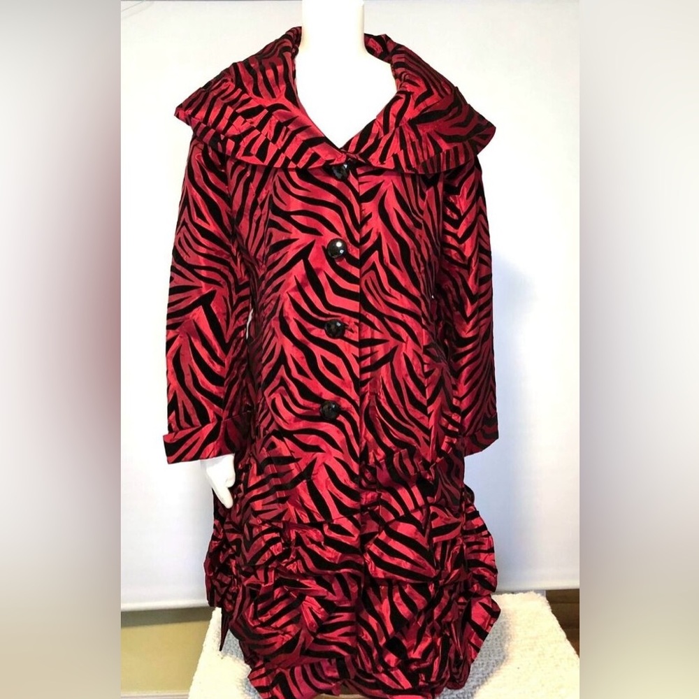 Jerry T Red and Black Zebra Print Velvet Belted Jacket Size Medium